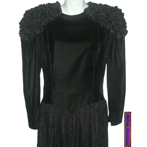 Jessica McClintock Vintage 80s Black Wedding Dress Oxblood Lace Silk Velvet Goth - Picture 7 of 13